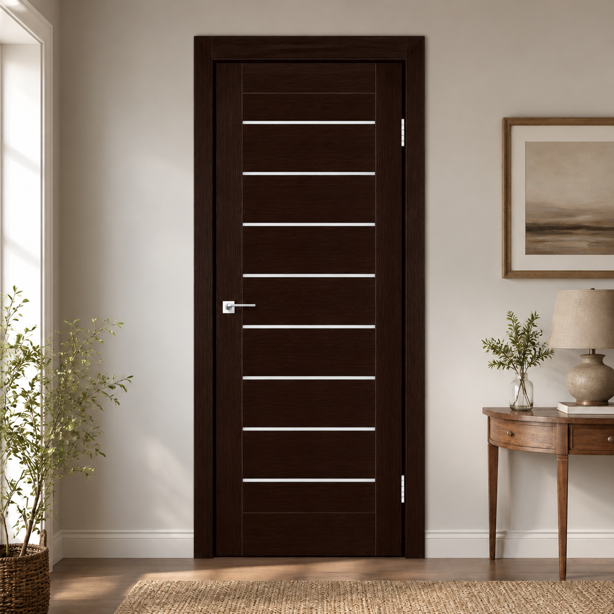 Tanzania Prémium Wenge laminált beltéri ajtó nyolc szatén üvegcsíkkal, enteriőrben