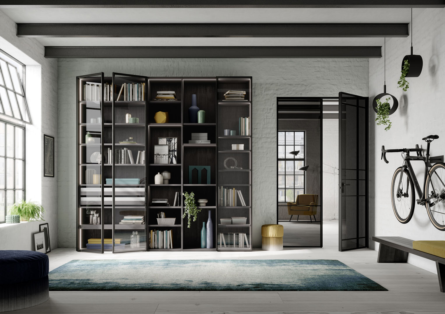 Alurahmendrehtür RPE, Swing Door Slim Line 2-flügelig,  Legno Tirano Eiche Schwarz, RPE Drehtüren Schwarz eloxiert, Aluminum Frame Hinge Door RPE, Swing Door Slim Line double leaf, RPE Hinge Doors anodized Black, Legno Tirano Black Oak, Swing Door Schwarz eloxiert, Türfüllung ESG Grau klar/Parsol Grau, Swing Door anodized Black, Door panel Tempered glass clear /
Parsol Gray Loft stílusú ház – mindent, amit a dizájnról érdemes tudni és hogy még is milyen bejárati ajtót javaslunk termékeink közül - Belteri nyiloajtok 3