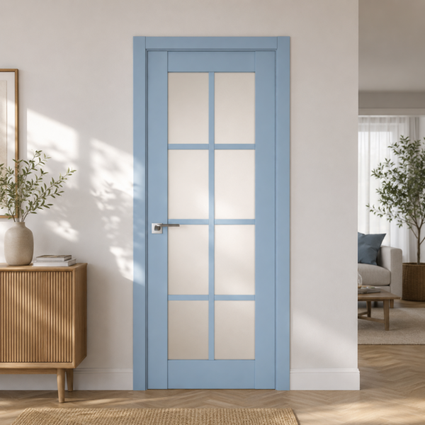 A1-Neo-Soft 601 Akvamarin laminált beltéri ajtó szatén üveggel